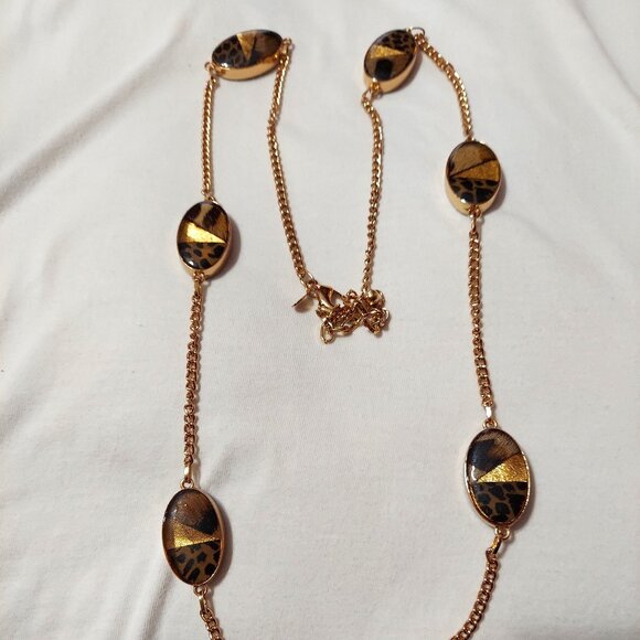 NWOT Chico's Gold Tone Necklace, Black, Leopard, and Gold Foil Design - Picture 1 of 1